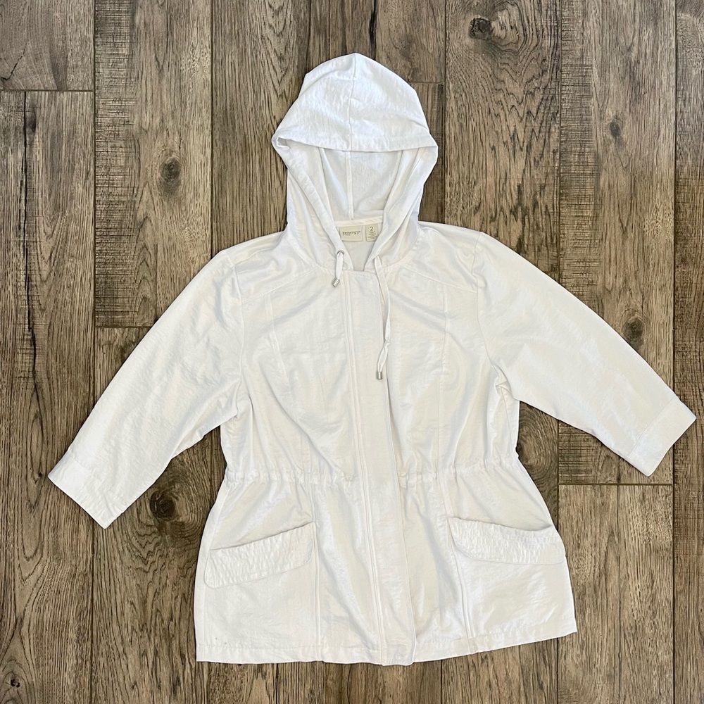 Chicos Zenergy 3/4 lightweight white cinched hooded zip jacket size 2 / L / 14